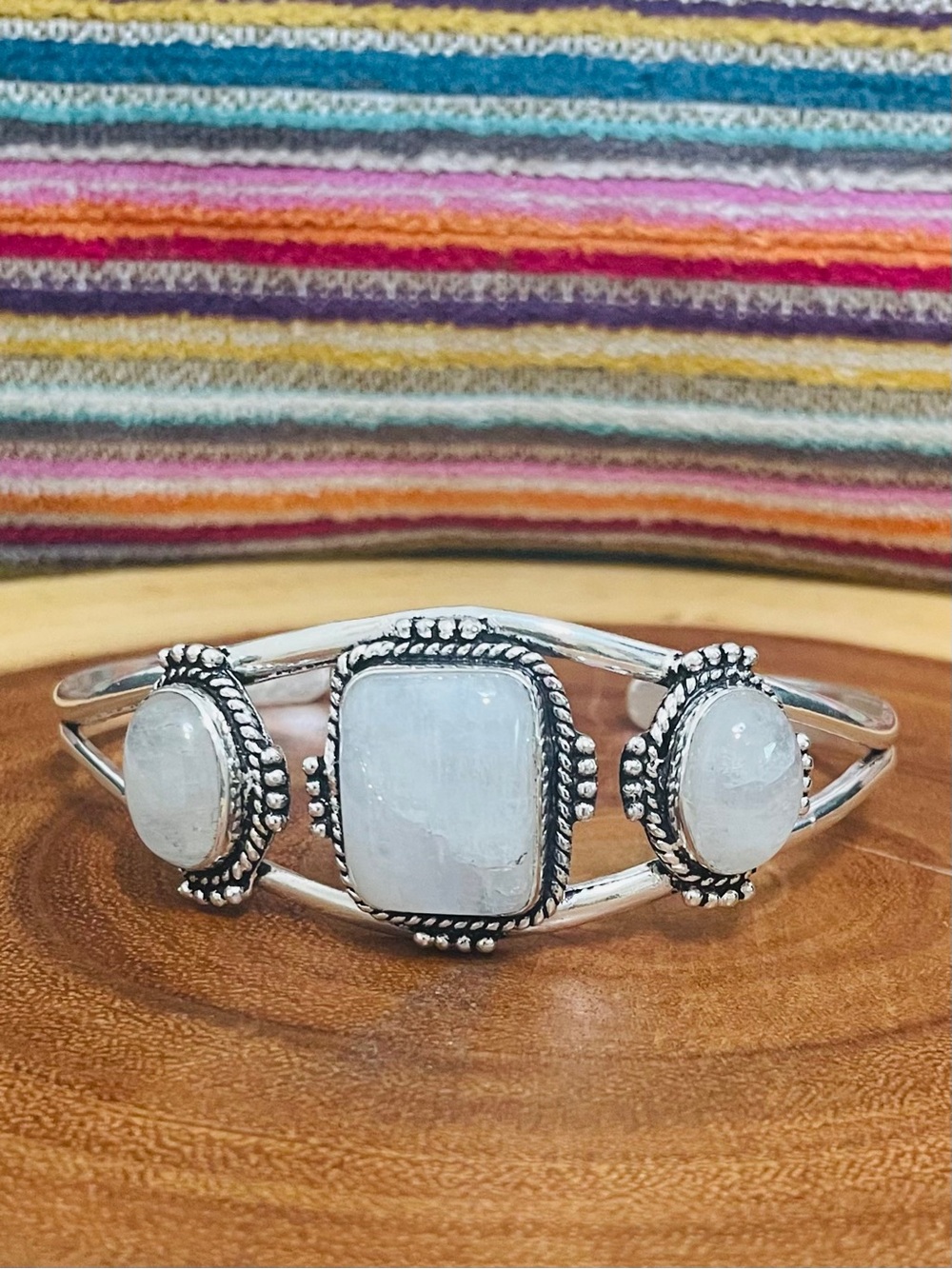 Moonstone Triple Stone Adjustable Cuff Bracelet Sterling Silver Plated NWOT